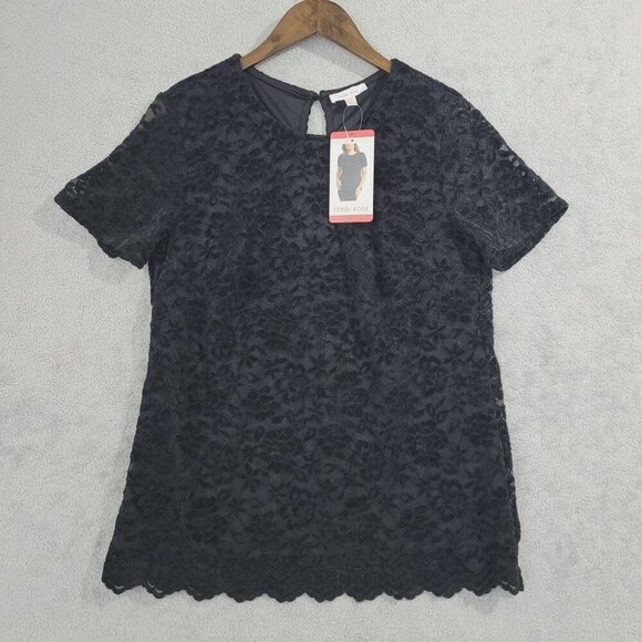 NEW Black Lace Floral Short Sleeve By Teddi Rose Scalloped Hem Keyhole M// 25CT - Picture 2 of 9